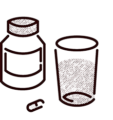 Sketch of a medicine bottle, a cup, and a capsule pill.