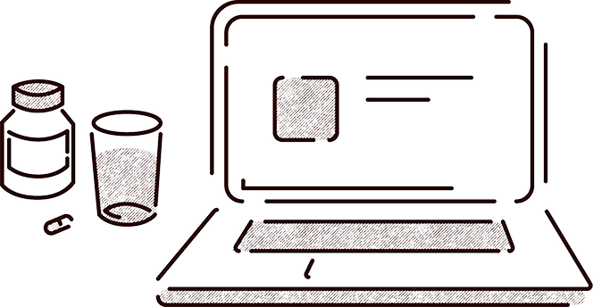 Line drawing of a laptop next to a pill bottle, a glass of water, and a capsule pill.