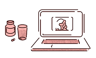 Illustration of a laptop showing a smiling person on video call beside medicine bottles and a pill.