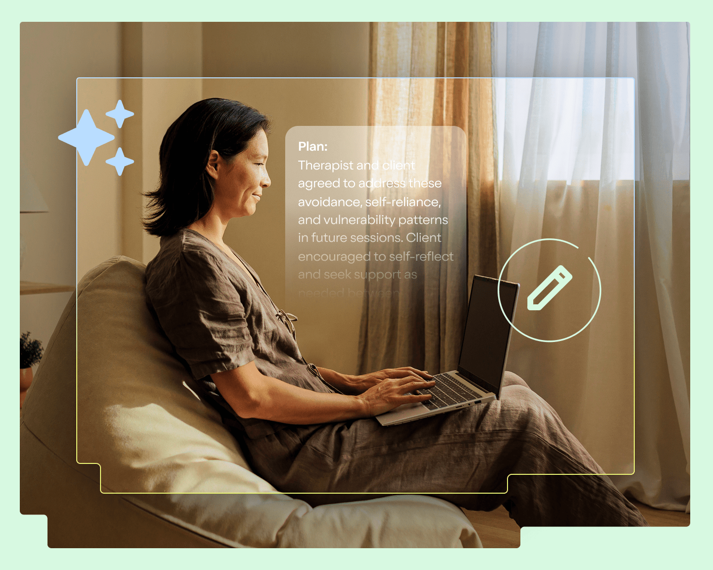 Woman sitting on a couch with a laptop featuring AI session notes