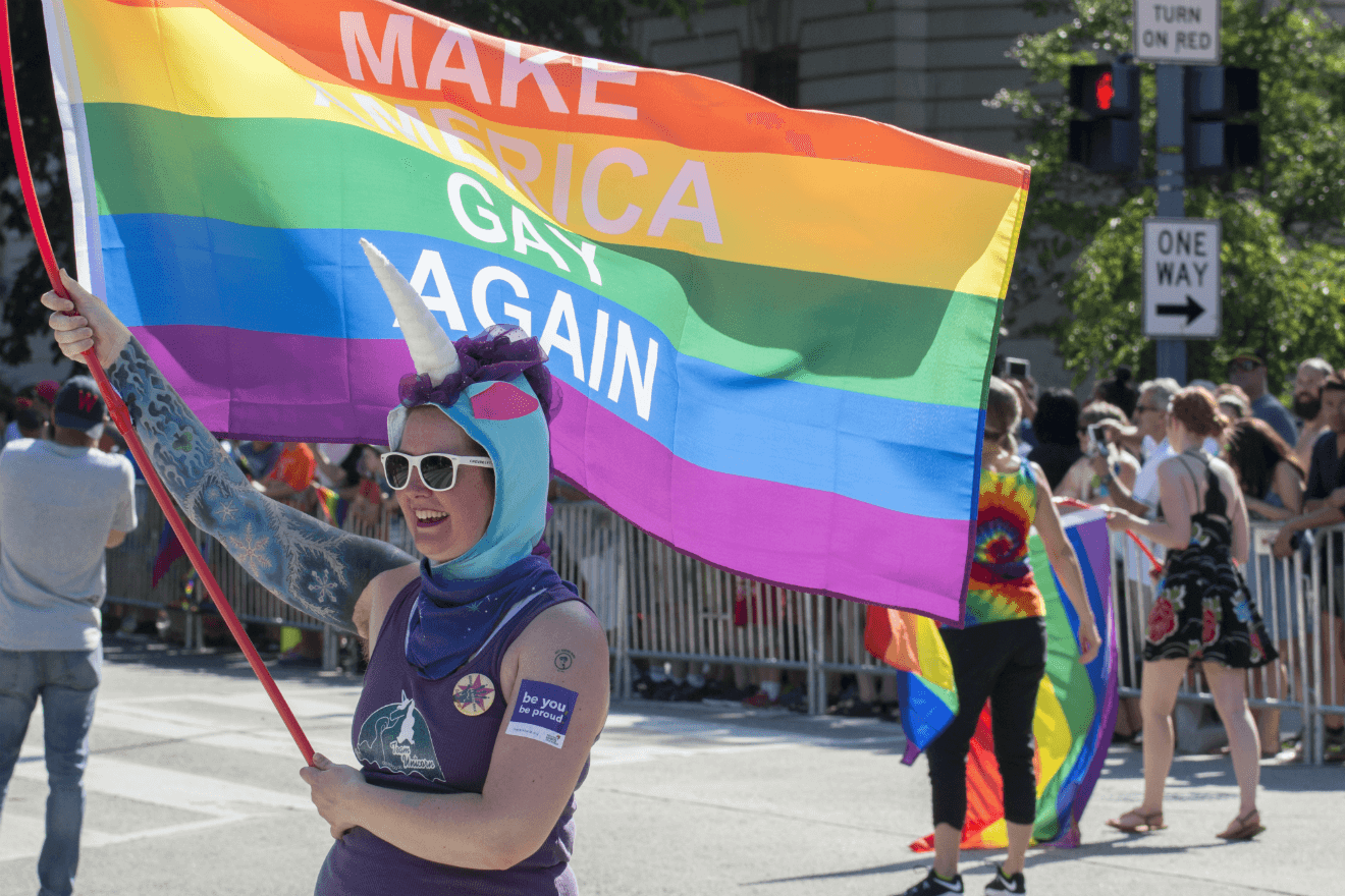lgbtq activist pride parade make america gay again flag